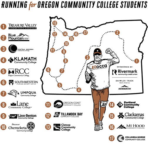 ROCCS numbered map w logos_TimFist_TshirtBack Marathon fundraiser map and community college locations