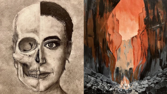 One art piece of a face and skull, the other of a campfire