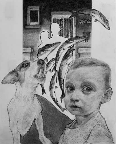 A pencil drawing of a child and a dog in the foreground, with silhouetted figures and fish floating in the background