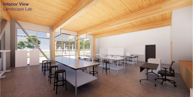 Concept art of tables inside the Natural Resources Center