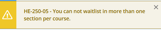 Screenshot of an error in Self Service: You cannot register for waitlist for the same class