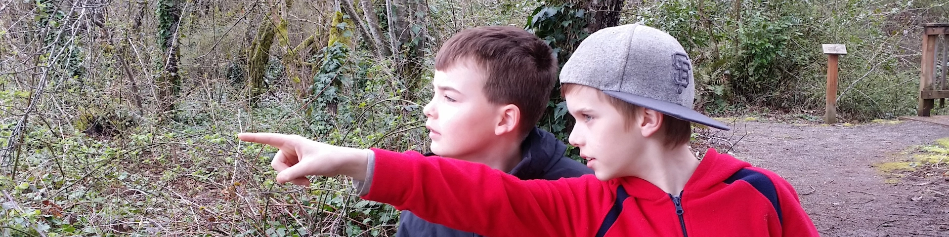 Two young people pointing at something in the distance in a forest