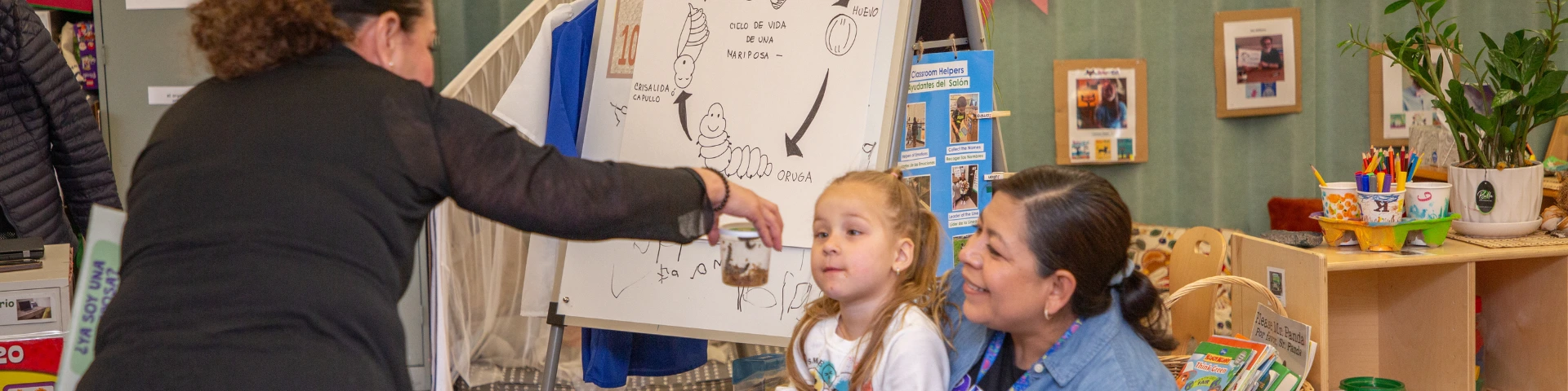 A teacher shows an attentive child a small jar with a caterpillar. Behind them is a diagram on an easel about the butterfly lifecycle.