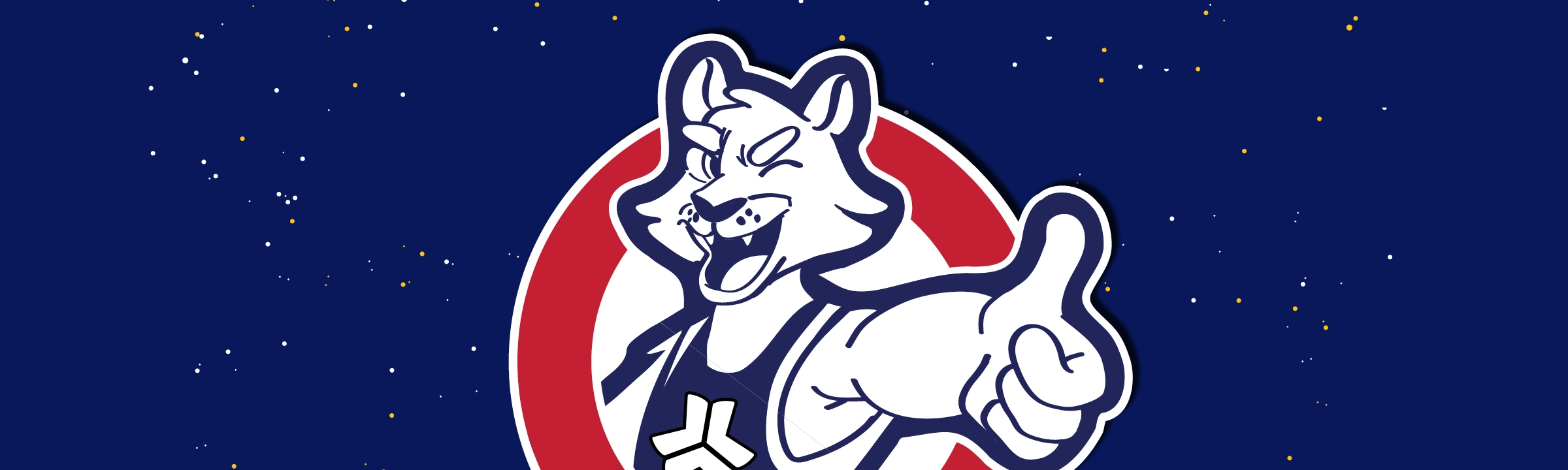 Cartoon Cougie in athletic attire, giving a thumbs-up. The background is blue, dotted with small white stars.