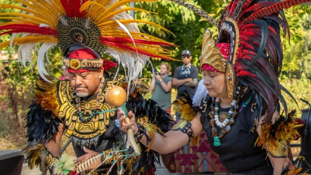 Dancers perform during an Indigenous Peoples Day celebration at Clackamas Community College