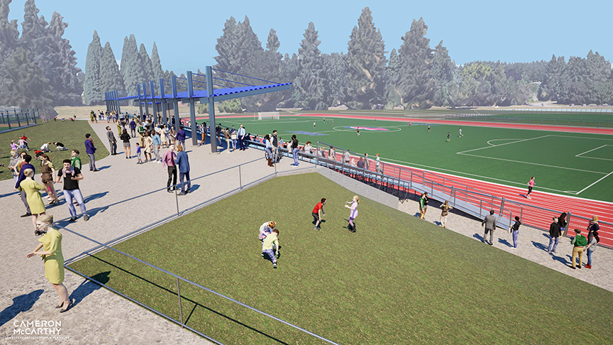 Rendering of the new athletic fields and grandstand project showing a crowd mingling and enjoying a soccer game