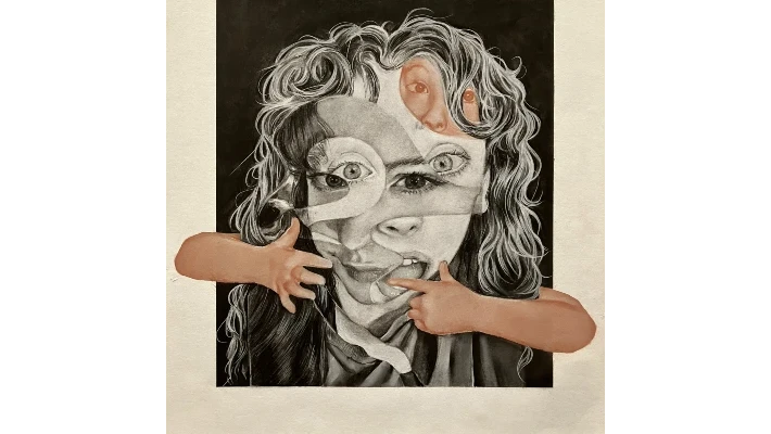 Artwork from CCC student art show: portrait with collage effect layering different facial features and angles