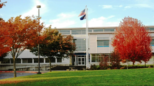 Exterior of Wilsonville campus with fall foliage
